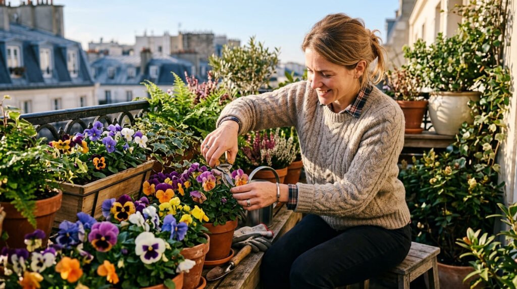 Mulher cuidando de amor-perfeito, uma popular planta de inverno para jardineiras