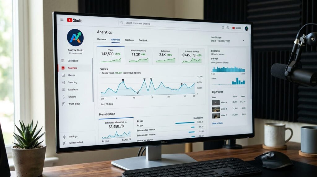 Painel do YouTube Analytics mostrando relatórios e métricas de visualizações do you tube