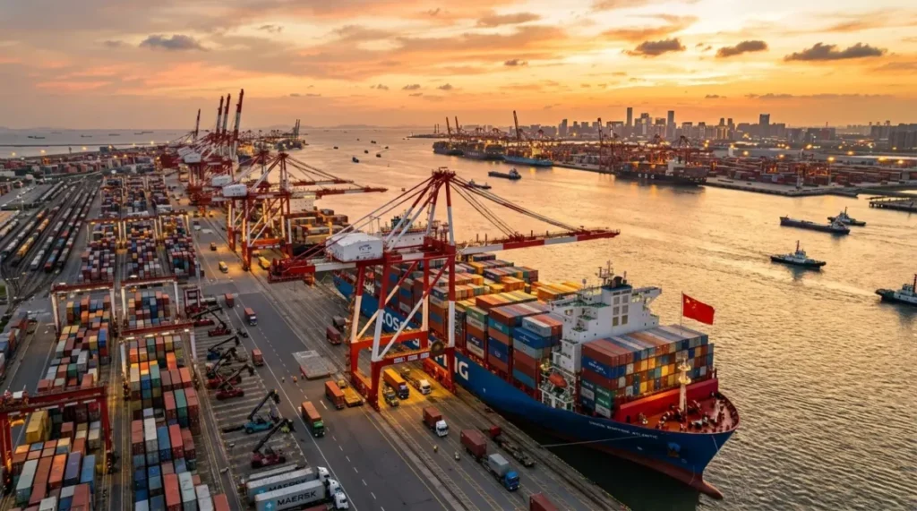 Porto comercial com navios cargueiros simbolizando o comércio entre EUA e China