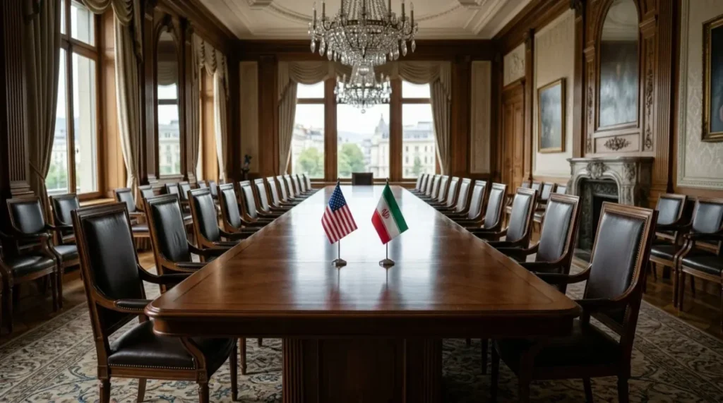 Mesa de negociações diplomáticas vazia simbolizando impasse entre Trump e o Irã