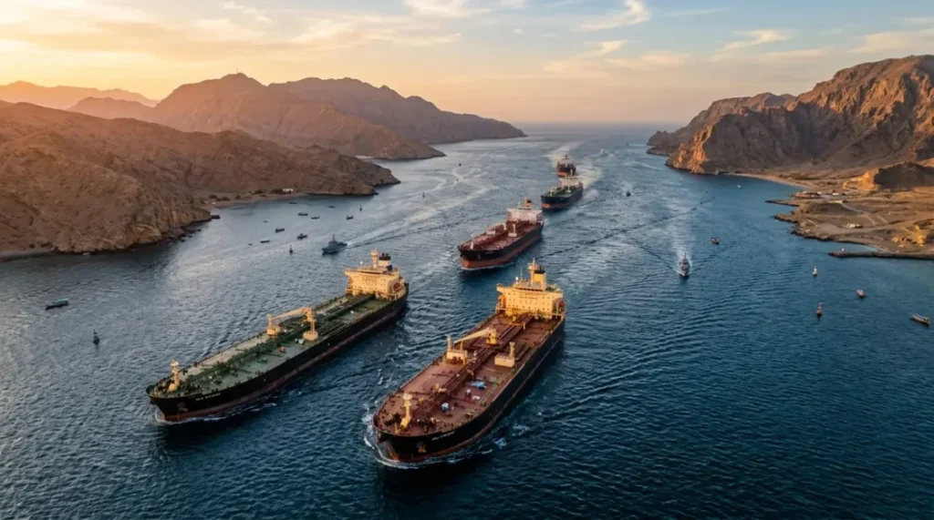 Navios petroleiros navegando no Estreito de Ormuz em momento de tensão entre Trump Iran