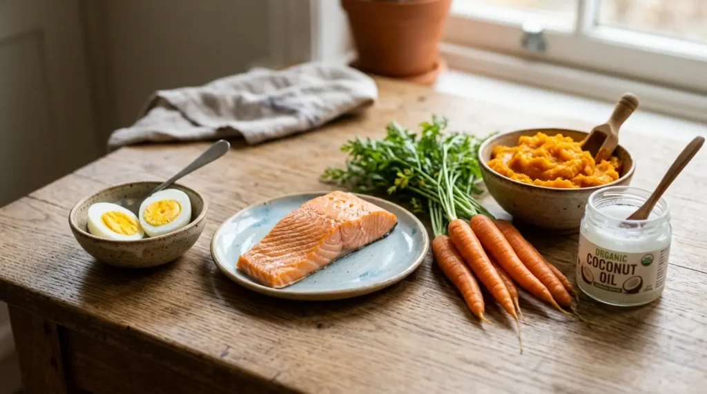 Ingredientes naturais como salmão, ovo, cenoura e abóbora como alimento que melhora o pelo dos pets