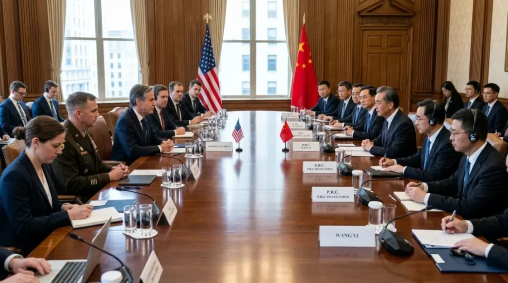 Delegações de Trump Xi Jinping em mesa de negociação comercial