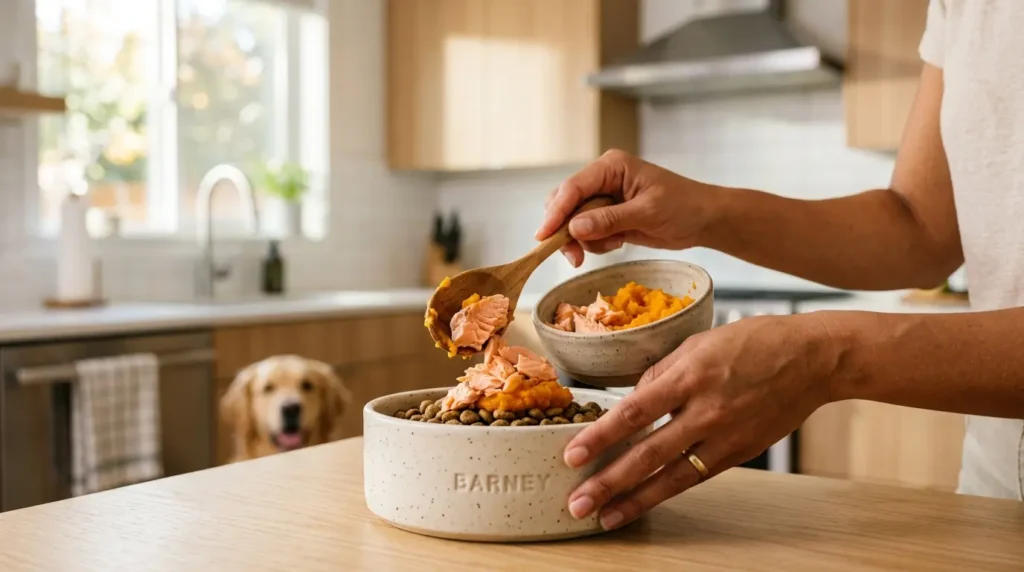 Tutor preparando refeição com alimento que melhora o pelo dos pets na tigela